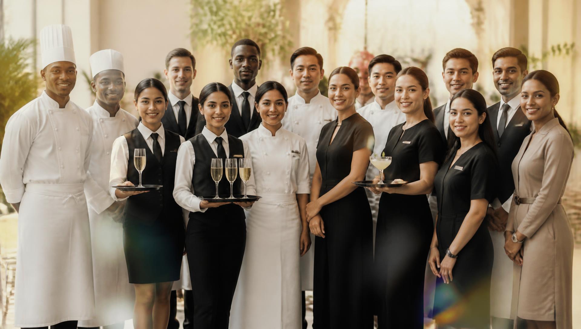 A diverse global team of chefs, bartenders, servers, hosts and promotional staff standing together in elegant service attire