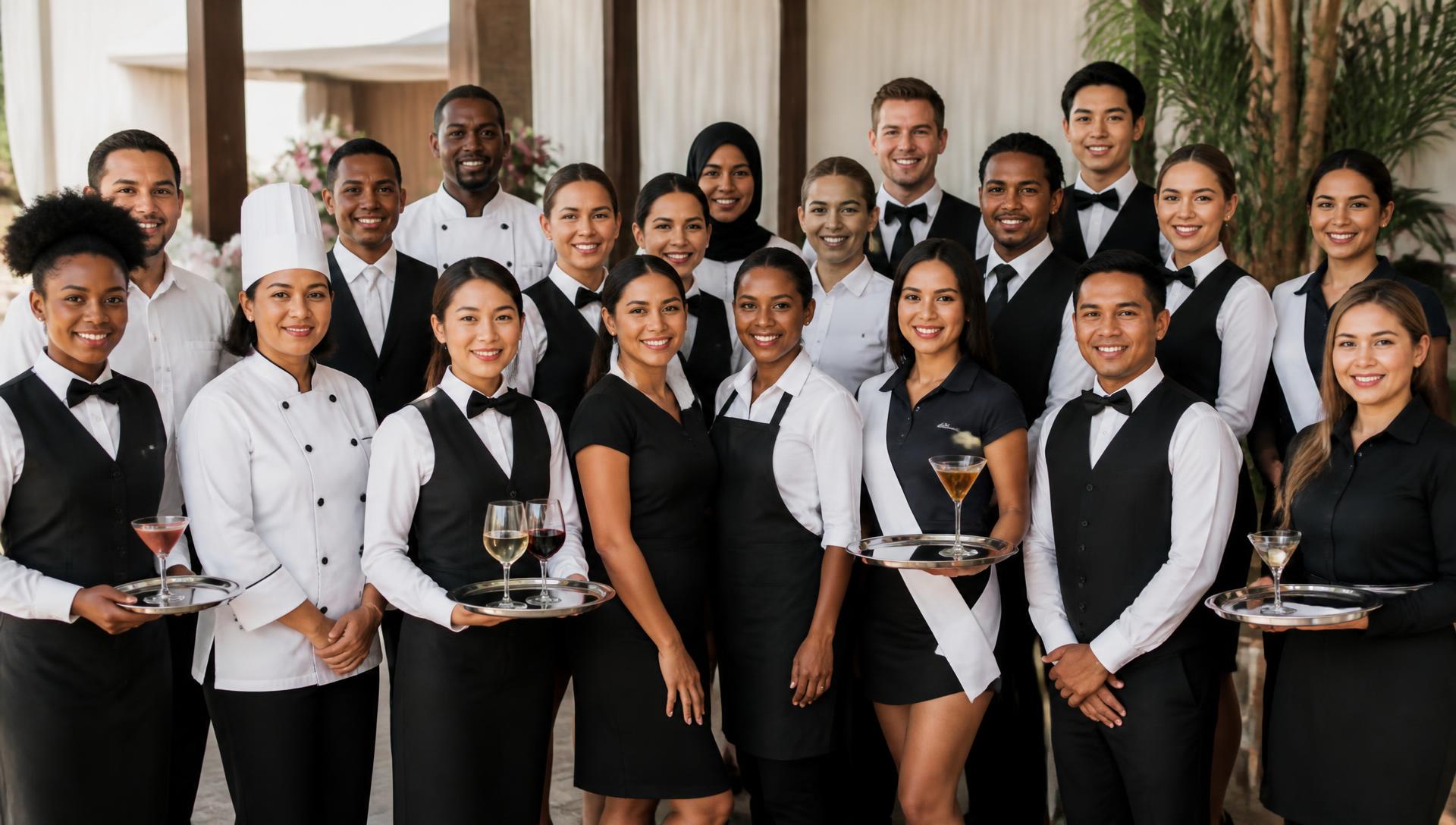 A diverse global team of chefs, bartenders, servers, hosts and promotional staff standing together in elegant service attire